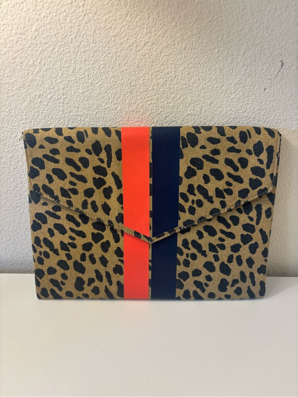 Stella & Dot Bellamy Envelope Clutch - Leopard Print Canvas Orange Navy Stripe